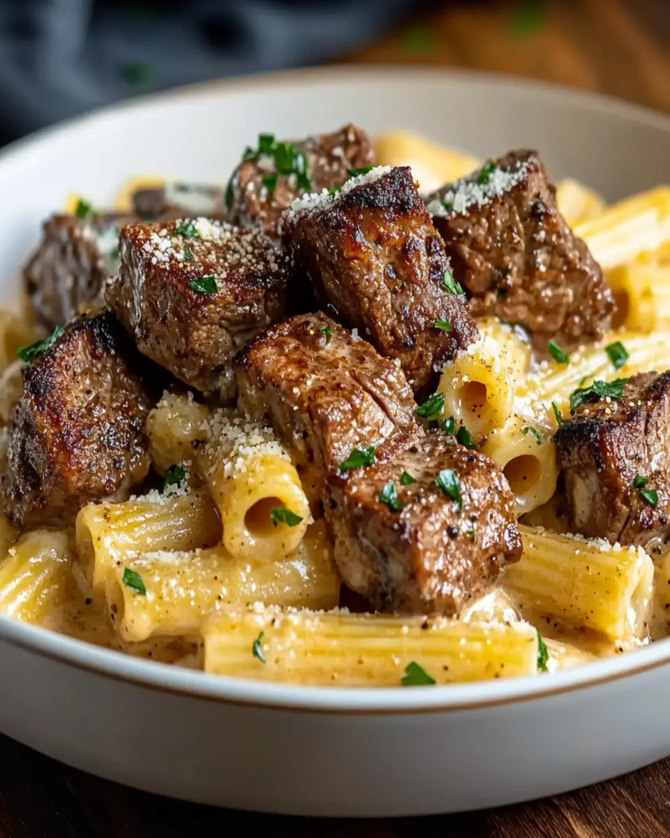 Cajun Steak Tips in Cheesy Rigatoni Parmesan Sauce First Image First Image