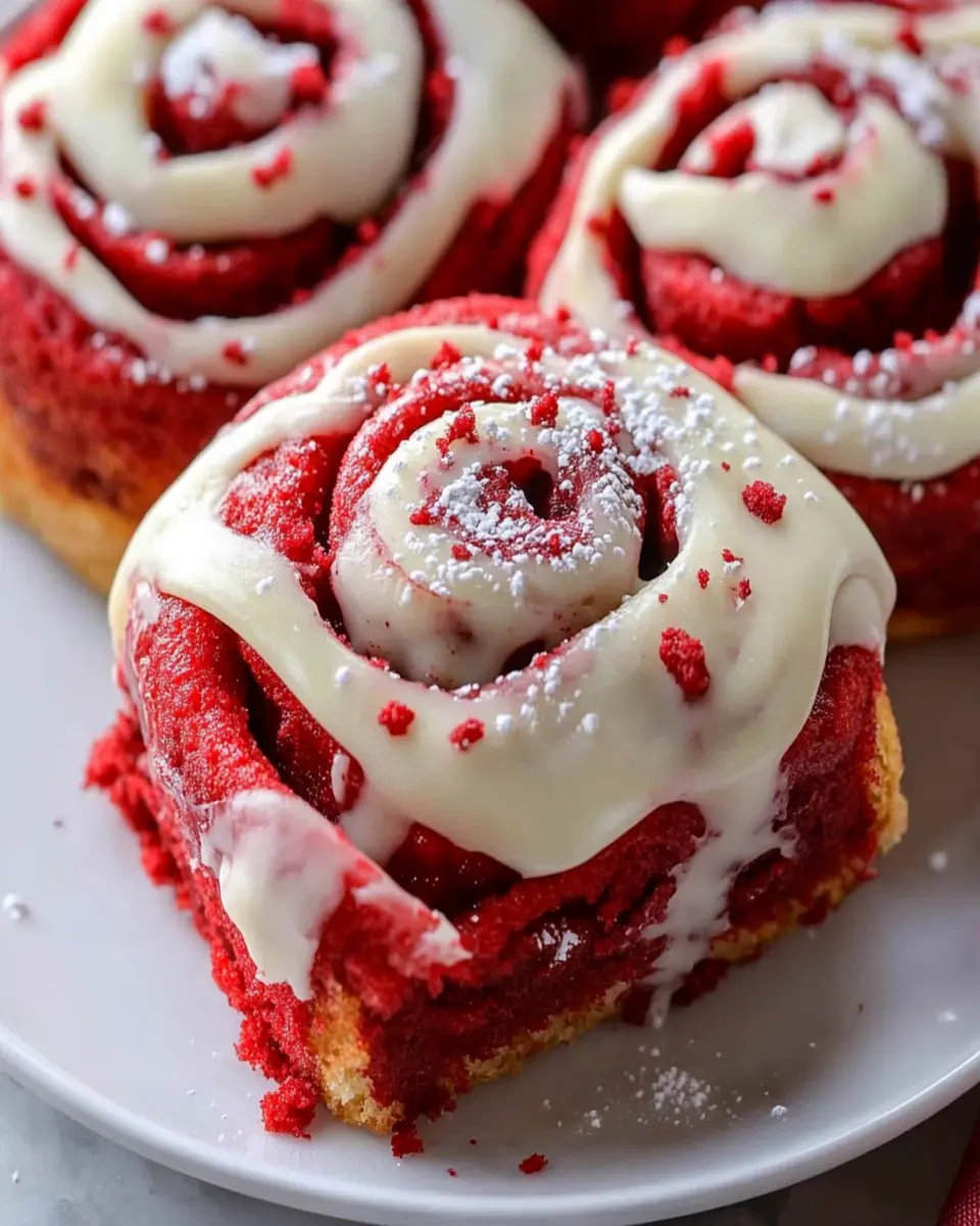 Red Velvet Cinnamon Rolls with Cream Cheese Frosting First Image First Image