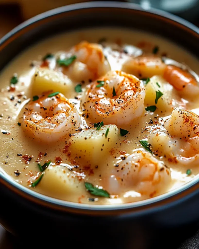Luxuriously creamy shrimp & potato soup for cozy nights! First Image First Image