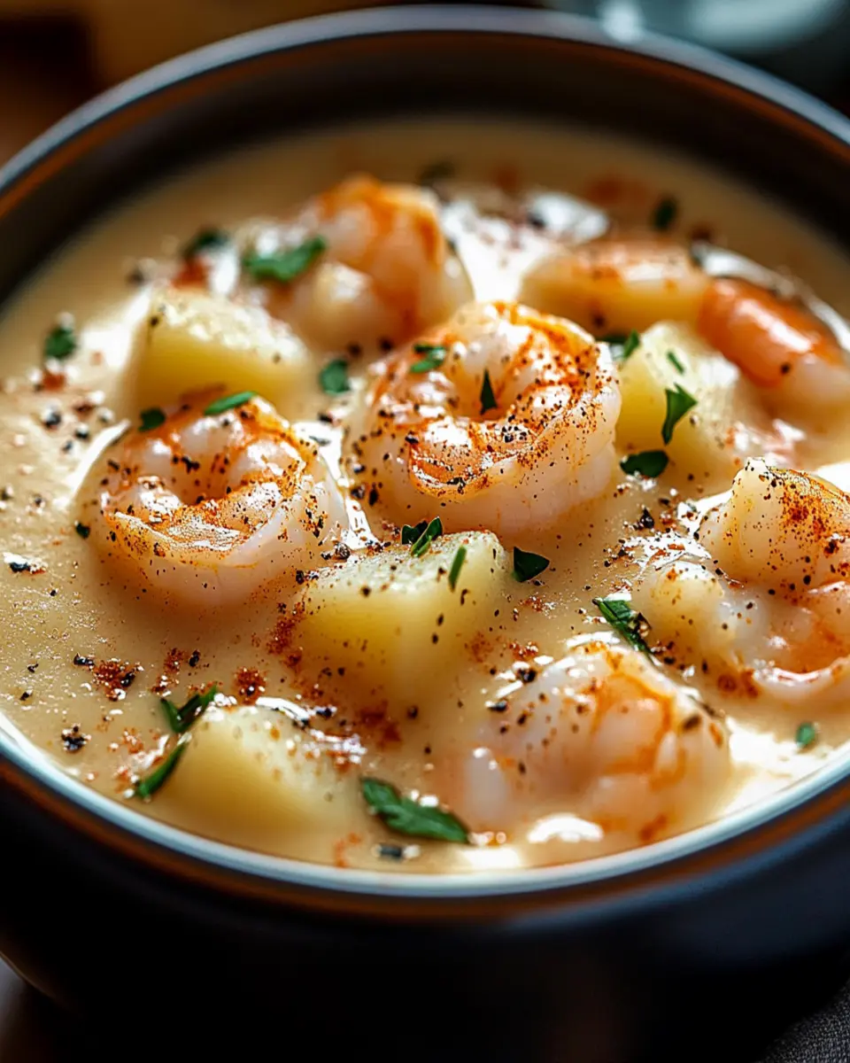 Luxuriously creamy shrimp & potato soup for cozy nights! First Image First Image