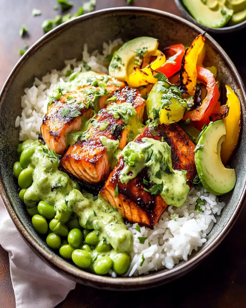 Chipotle Teriyaki Salmon Bowls with Creamy Green Sauce First Image